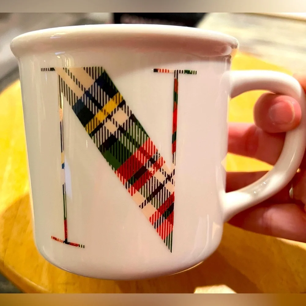 Pottery Barn Monogram Initial Mug Coffee Tea Letter N Plaid Tartan Holiday